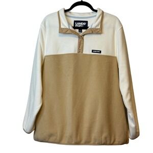 Lands' End Women's 2X Pullover Fleece Hoodie Button Mock‎ Neck Cream & Beige #